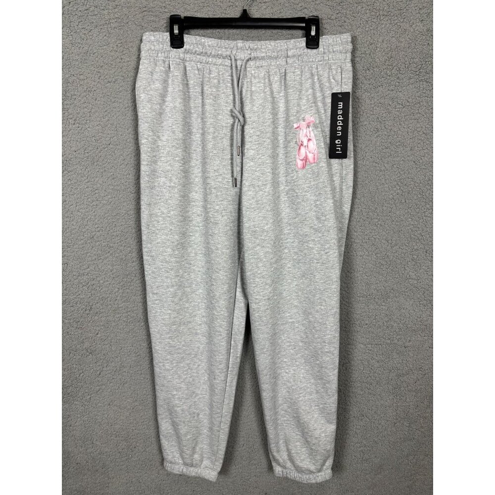 Madden Girl Junior's Gray Fleece Jogger Sweatpants Pink Ballet Design XL NWT's